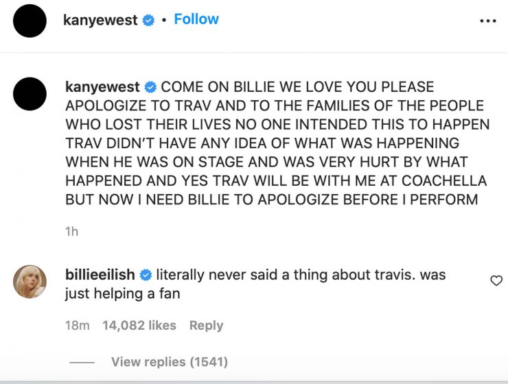 Kanye West pede que Billie Eilish se desculpe com Travis Scott