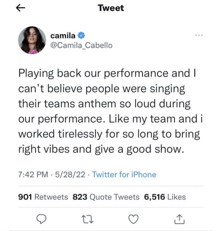 Camila Cabello faz postagem reclamando dos torcedores da Champions 